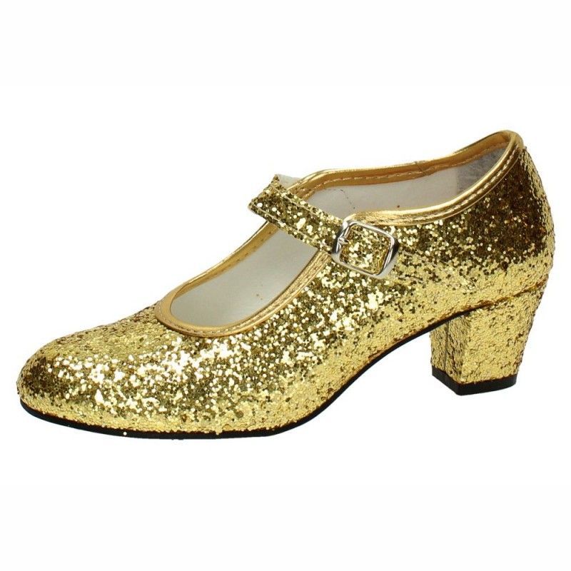 Zapatos tacón purpurina oro